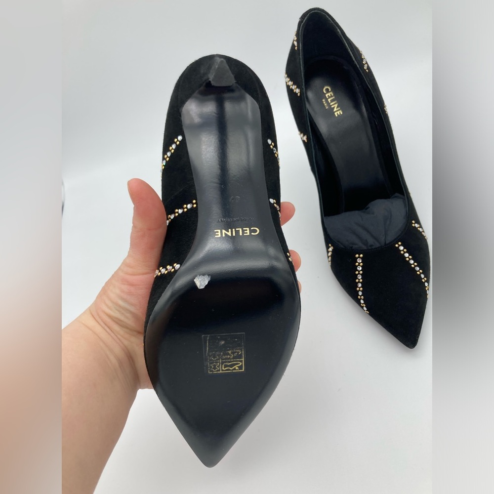 LIKE NEW CELINE SHARP SEUDE STUDDED CRYSTAL ACCENTS PUMPS HEELS 37 - Picture 6 of 8